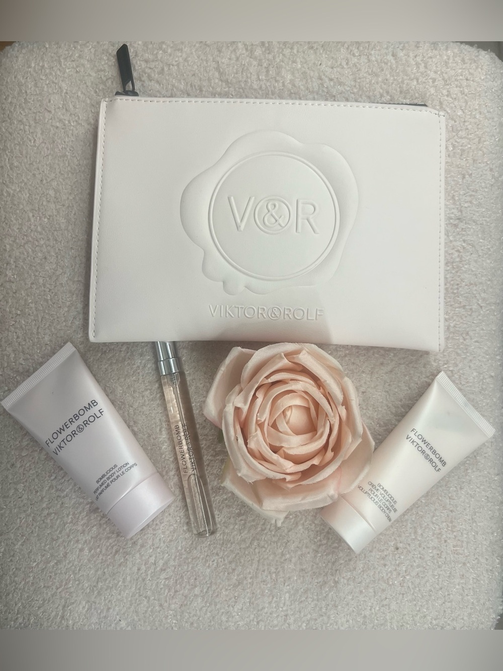 Viktor & Rolf White Cosmetic Pouch with Blush Rose Accents